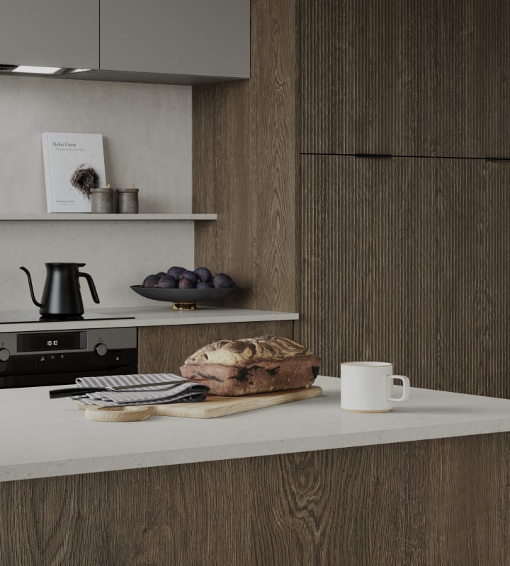 Magnet Kitchens 2021 Nordic Nature range with Fluted oak doors and Integra Hoxton Pebble cabinets with Dekton Aeri worktop