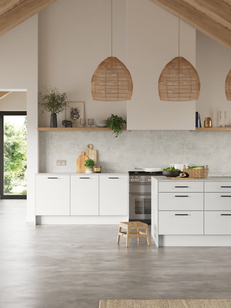 Hoxton kitchen. Smooth slab doors in a painted effect finish. Minimalist styling with your choice of handles and three colours.
