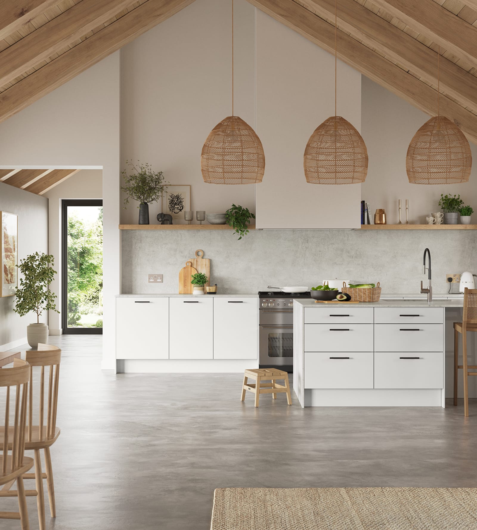 Hoxton kitchen. Smooth slab doors in a painted effect finish. Minimalist styling with your choice of handles and three colours.